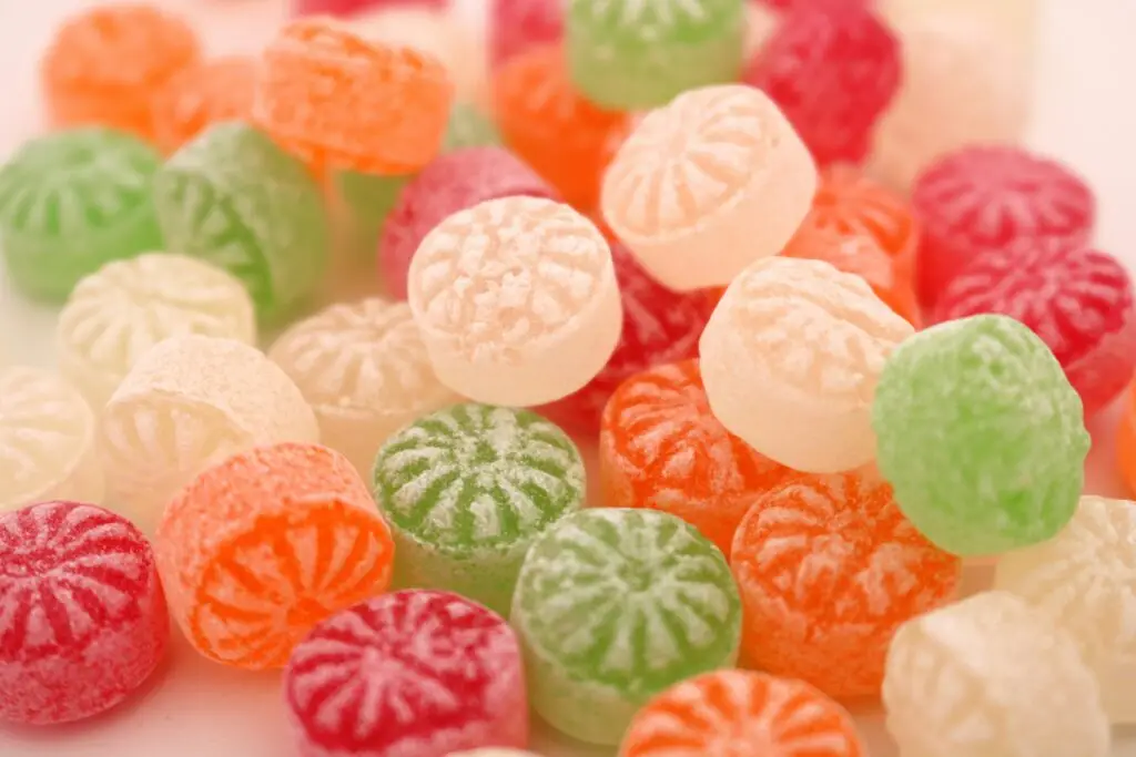 Traditional British sweets assortment: Sherbet Lemons, Wine Gums, Jelly Babies