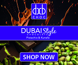Dubai Style Chocolate banner featuring the DXB Choc logo, pistachio, and kunafa filling. Shop Now button is prominently displayed
