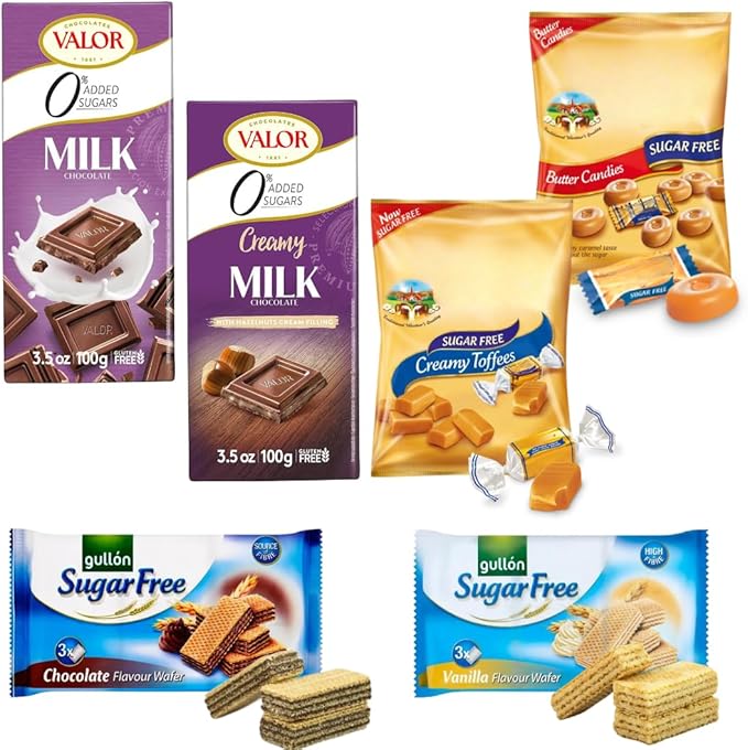 مجموعة من منتجات الشوكولاتة والحلويات الخالية من السكر، بما في ذلك شوكولاتة Valor بالحليب والتوفي وبسكويت Gullón بالويفر والفانيليا.