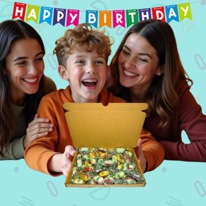 Happy birthday celebration with two adults and a child holding an open gift box of Diabetic Sweet Gifts (individually wrapped low-sugar sweets)