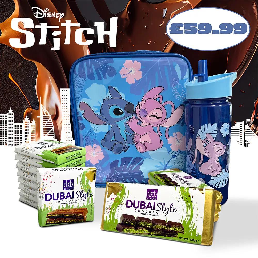 Disney Stitch-themed lunch bag and water bottle set with six Dubai Style Chocolate bars, displayed with a cityscape background and chocolate splashes