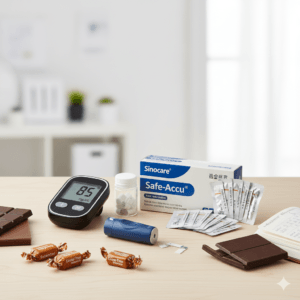 Complete Diabetic Care Bundle: Organised collection of glucose meter, test strips, and essential starter kit supplies.