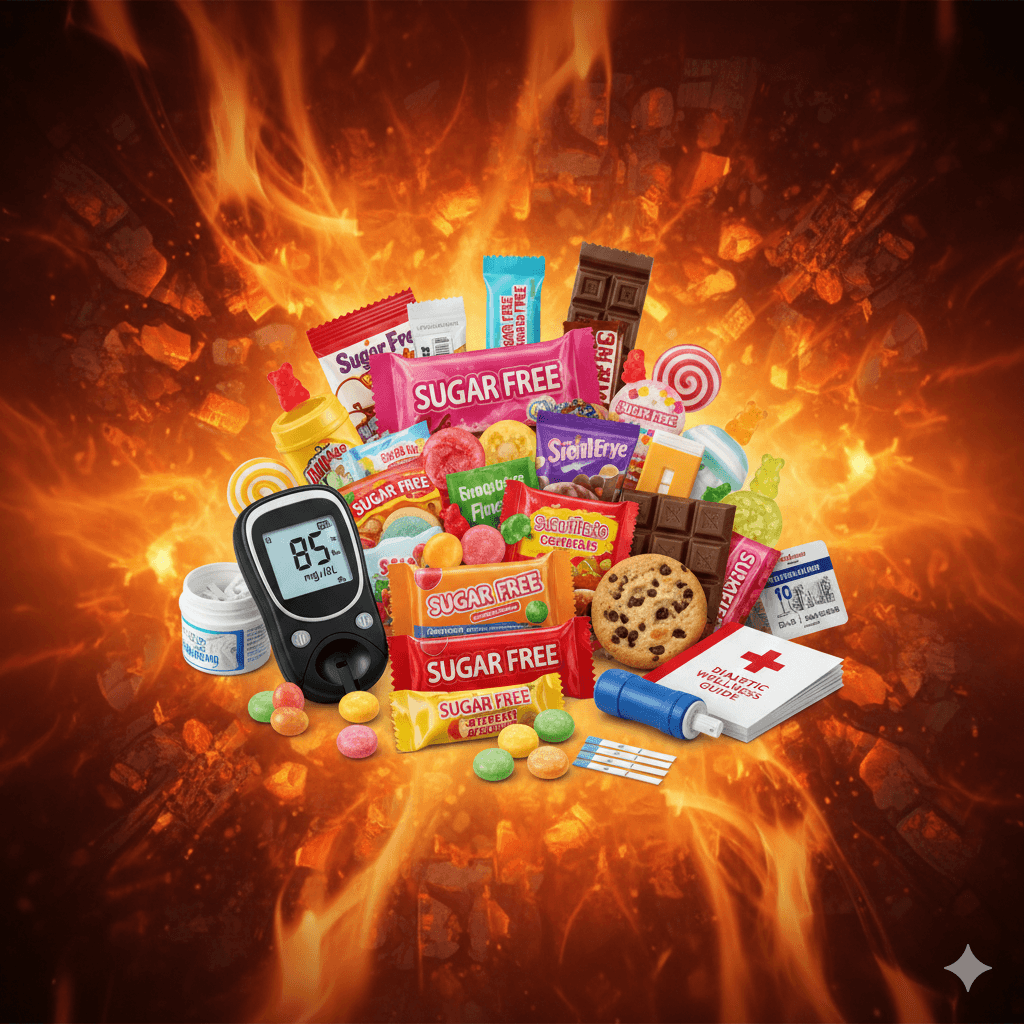 Sugar-free candy bundle and diabetic blood test kit on a vibrant warm ember background.