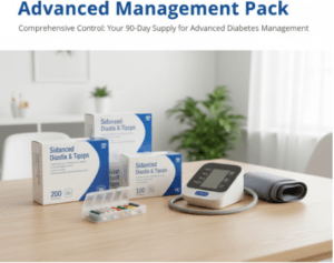Advanced Management Pack: 90-day supply of test strips, lancets, and a prescription organizer for experienced diabetic users.