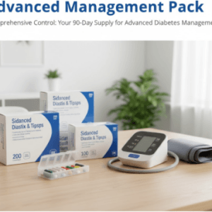 Advanced Management Pack: 90-day supply of test strips, lancets, and a prescription organizer for experienced diabetic users.