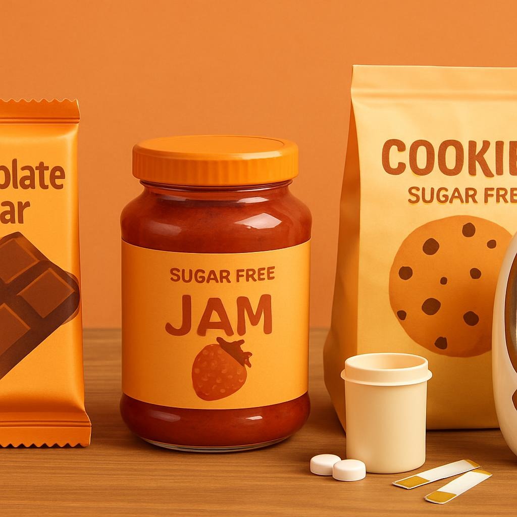 Sugar-free candy bundle and tablets to control diabetes on a vibrant warm ember background.