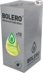 Bolero Advanced Hydration sugar free Iced Green Tea water Mango+Lychee drink mix box with 12 sachets, sugar-free and sweetened with stevia.