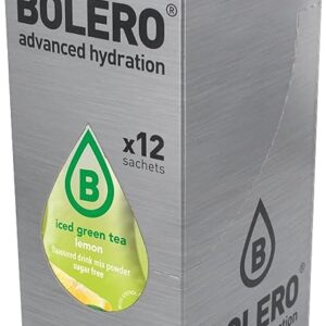 Bolero Advanced Hydration sugar free Iced Green Tea water drink mix box with 12 sachets, sugar-free and sweetened with stevia.