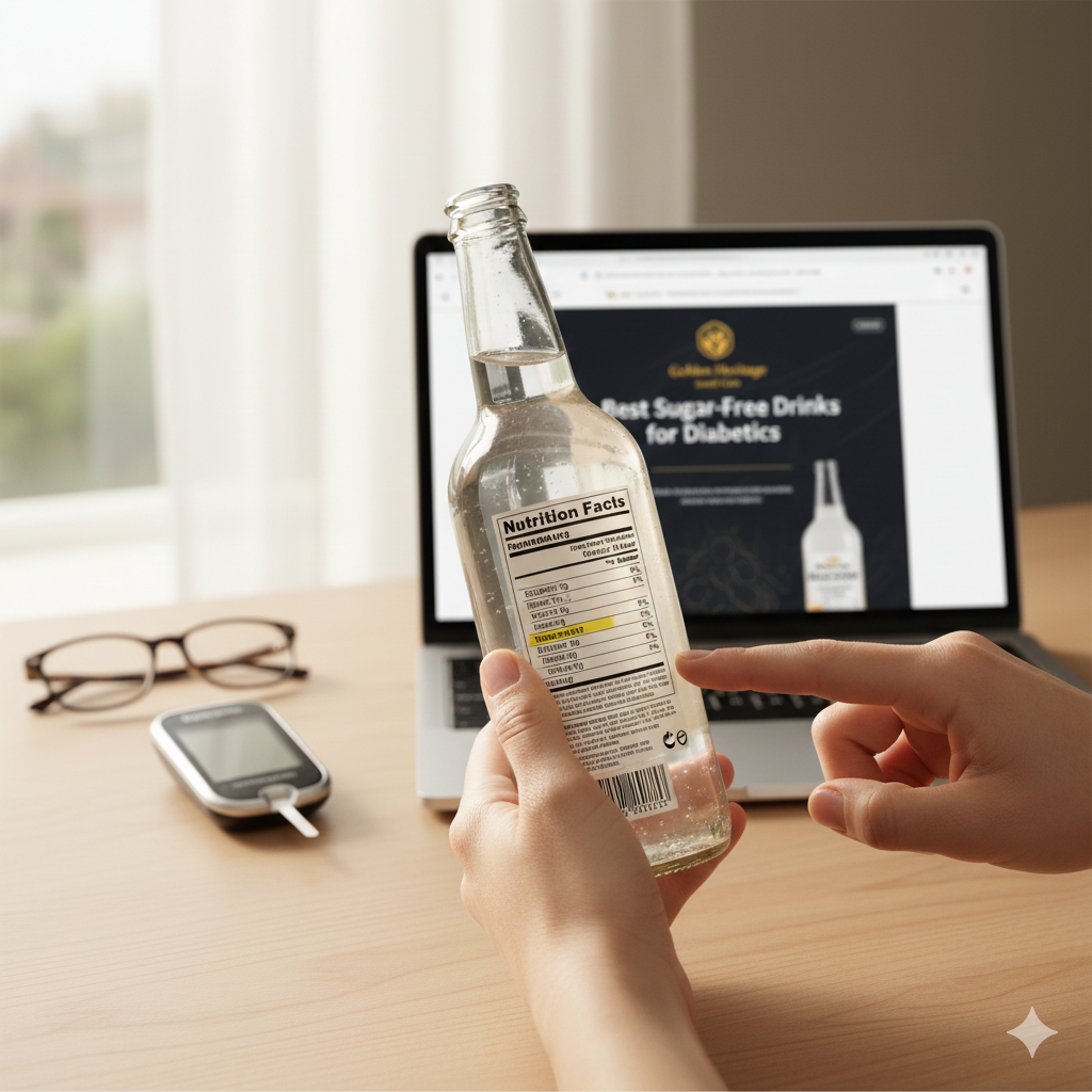 Close-up of a person's hands checking a nutrition label on a glass bottle for hidden sugars, with a blood glucose monitor and a laptop showing the 'Best Sugar-Free Drinks for Diabetics' guide in the background.