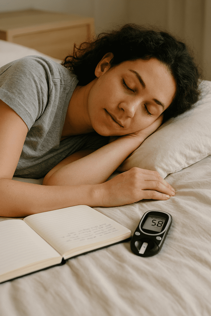 Person peacefully sleeping with a glucose meter tracking and wellness journal nearby on a bed.