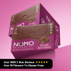 NOMO Fruit Crunch bar plant-powered chocolate bar in a purple wrapper, showing a cross-section of the creamy dairy-free chocolate filled with a soft cookie dough center and rice cereal pieces.