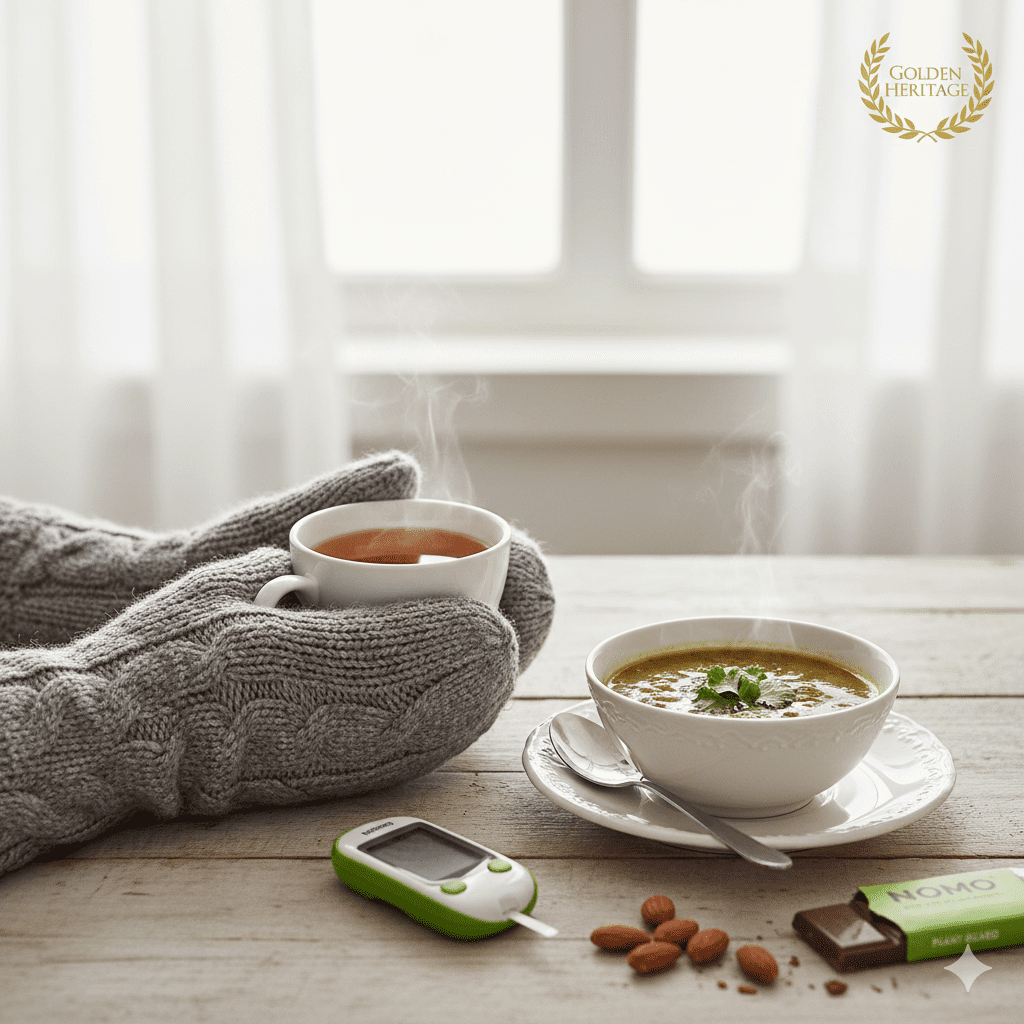 Managing blood sugar weekends: A cozy indoor scene featuring a person in grey knitted mittens holding a steaming cup of tea next to a bowl of green lentil soup, a NOMO chocolate bar, and a Sinocare glucose meter on a wooden table.
