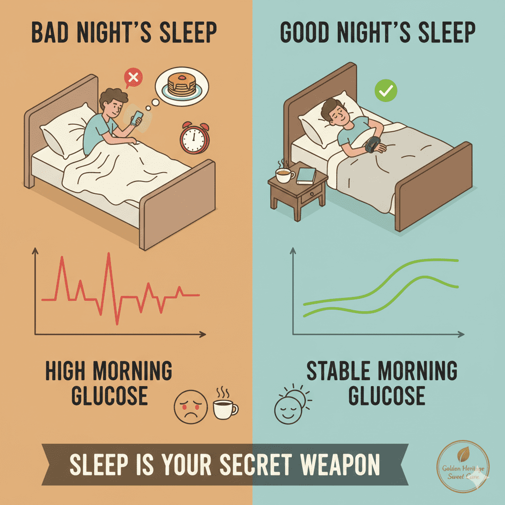 A split-screen illustration for Golden Heritage Sweet Care comparing sleep habits and glucose levels. The left side shows a man on his phone at night with a jagged "High Morning Glucose" graph. The right side shows a man sleeping soundly wearing an Omni Health Ring Review with a smooth "Stable Morning Glucose" graph. Text at the bottom reads "Sleep is your secret weapon."
