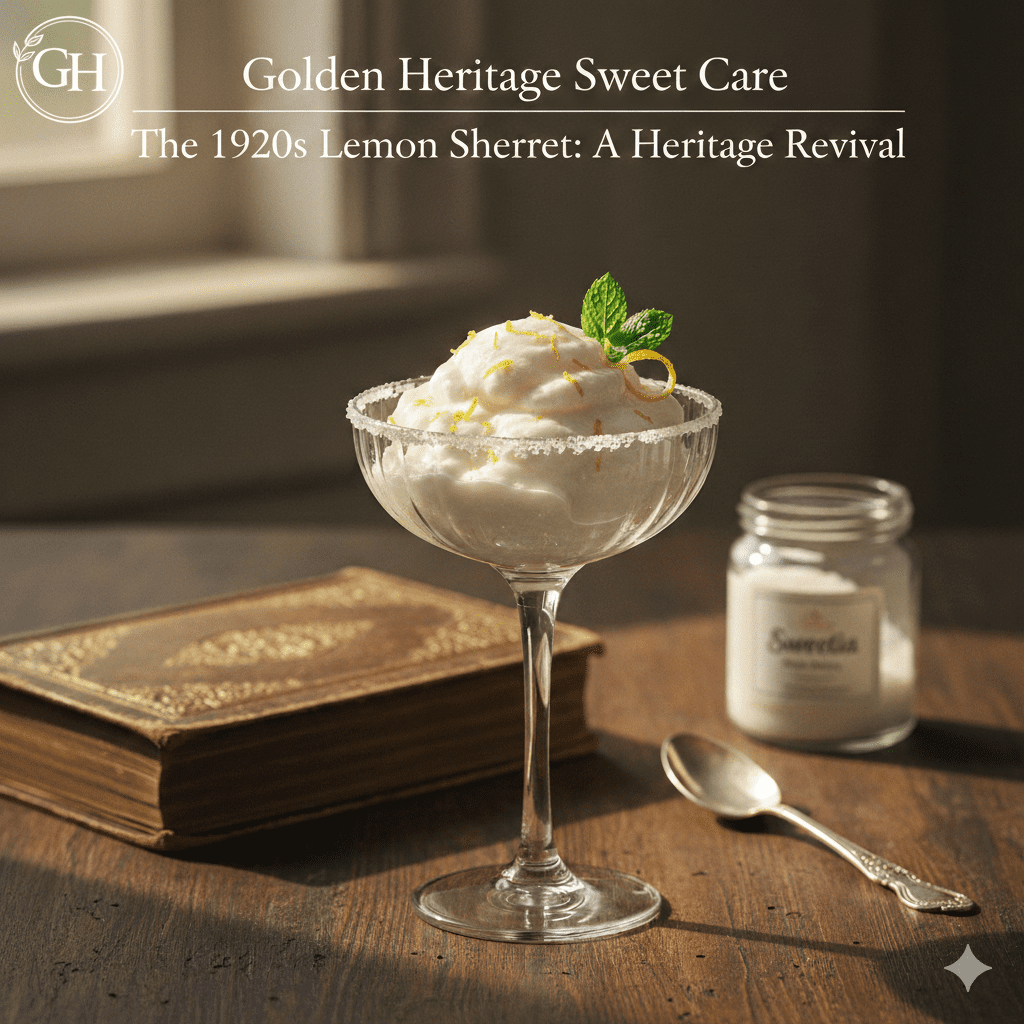 Vintage 1920s Lemon Sherbet served in a crystal glass next to a heritage cookbook and Sweetia Stevia—a sugar-free heritage recipe revival.