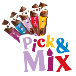 A NOMO Pick Mix bundle Cookie Dough plant-powered chocolate bar in a purple wrapper, showing a cross-section of the creamy dairy-free chocolate filled with a soft cookie dough center and rice cereal pieces.
