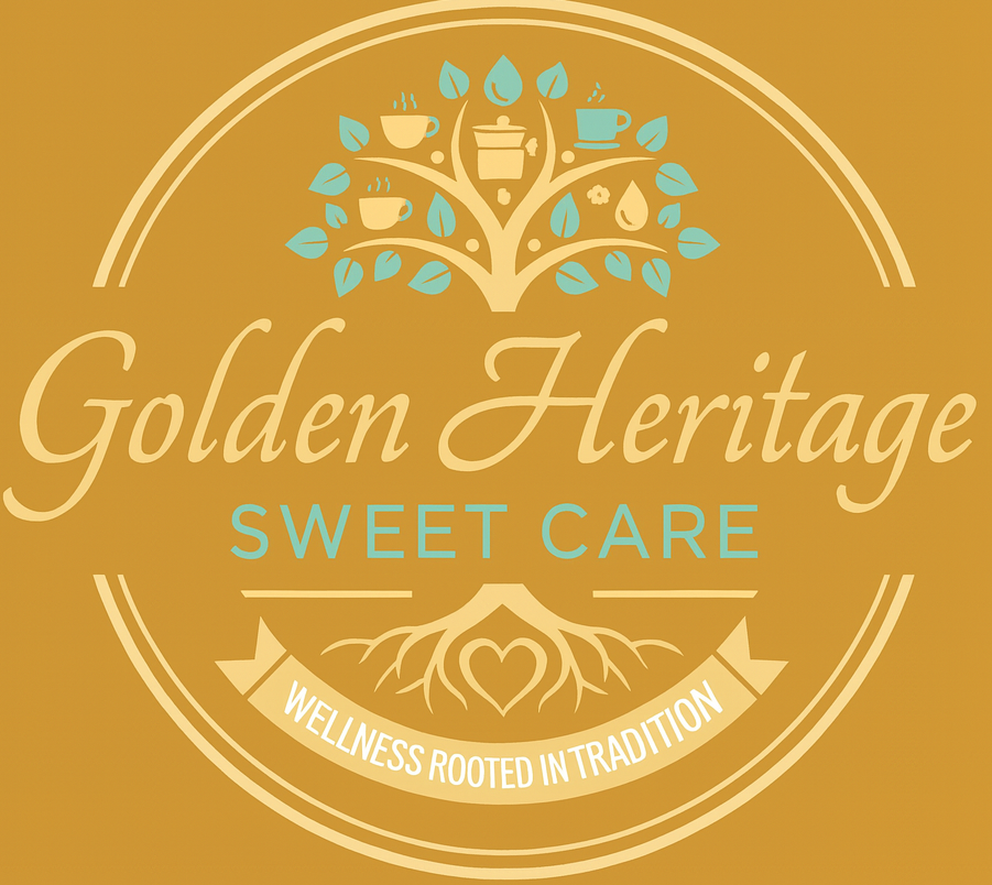 Golden Heritage Sweet Care logo featuring a golden tree with tea cup leaves and roots forming a heart, inside a circular gold border with the slogan Wellness Rooted in Tradition.