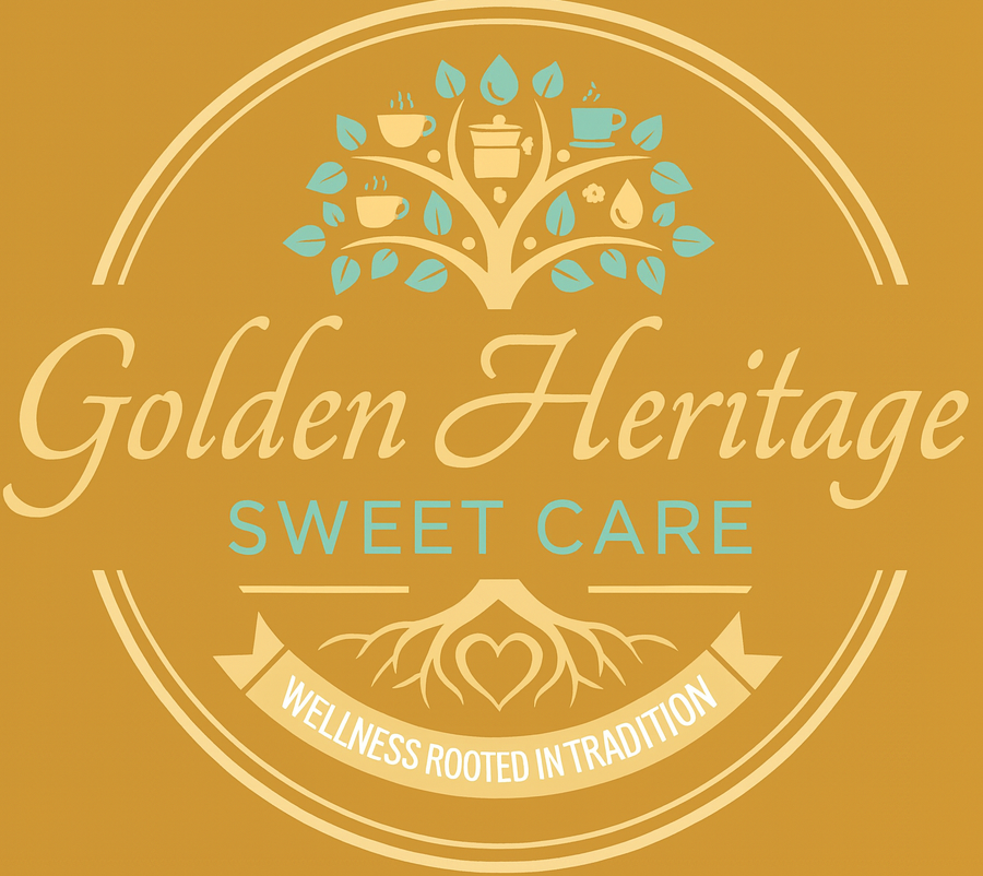 Golden Heritage Sweet Care logo featuring a golden tree with tea cup leaves and roots forming a heart, inside a circular gold border with the slogan Wellness Rooted in Tradition.