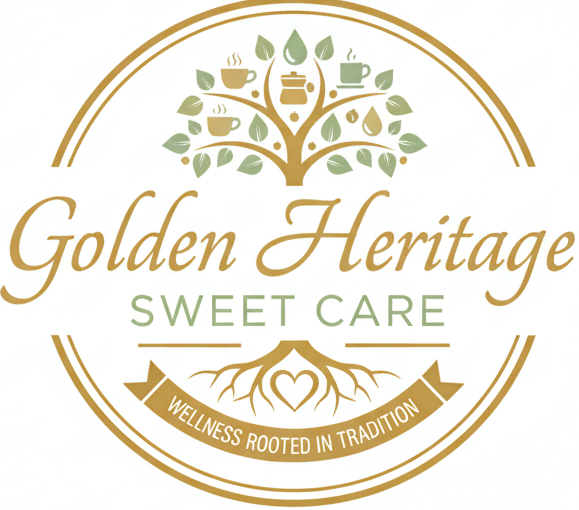Golden Heritage Sweet Care logo featuring a golden tree with tea cup leaves and roots forming a heart, inside a circular gold border with the slogan Wellness Rooted in Tradition.