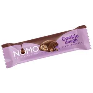 A NOMO Pick Mix bundle Cookie Dough plant-powered chocolate bar in a purple wrapper, showing a cross-section of the creamy dairy-free chocolate filled with a soft cookie dough center and rice cereal pieces.